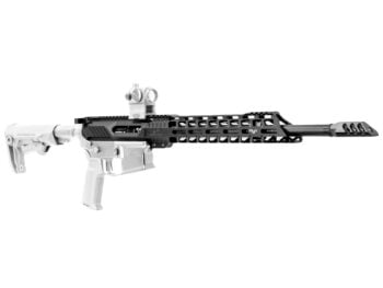 Modern precision rifle with scope and muzzle brake on a white background