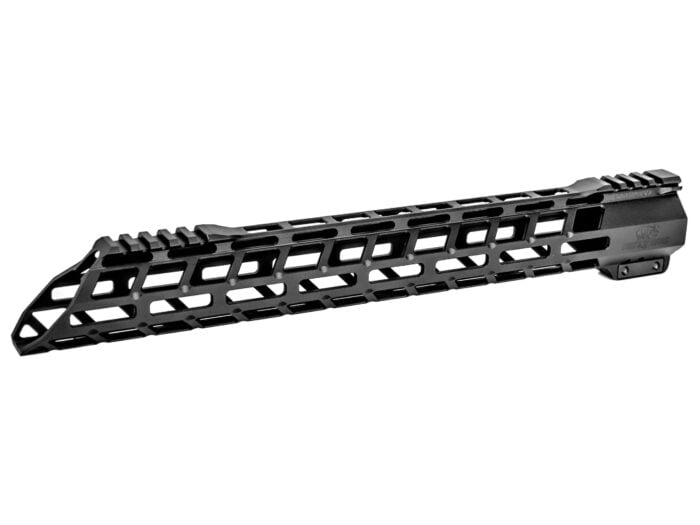 Black metal rifle handguard with rail system on a white background