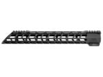 Black metal handguard or rail for a rifle isolated on a white background.