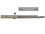 Rifle upper receiver with tan handguard and labeled 18-inch black Cerakote barrel 17-inch V3 handguard.