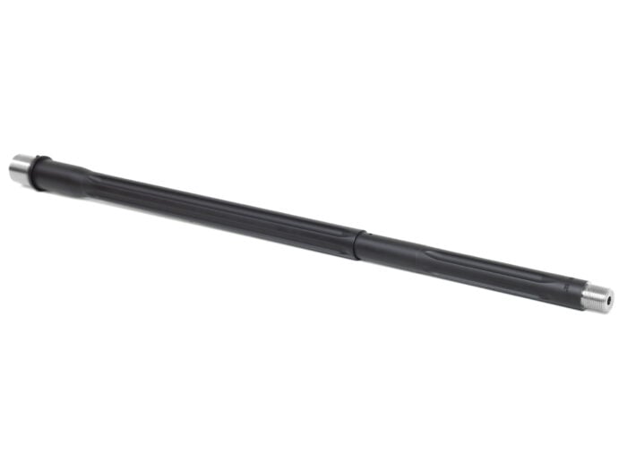 A black fluted rifle barrel with stainless steel ends on a white background.