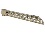 Tan rifle handguard with M-LOK slots viewed from the side on a white background.