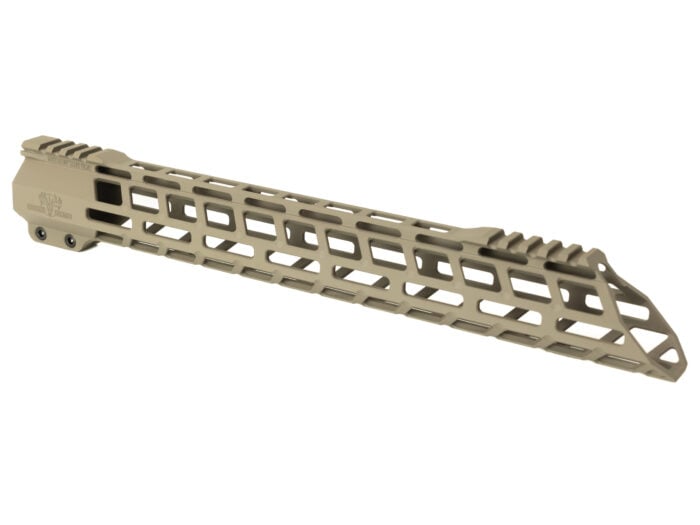Tan rifle handguard with M-LOK slots viewed from the side on a white background.