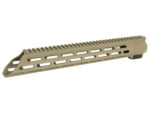 Tan colored rifle handguard with multiple slots and rail on top isolated on white background.