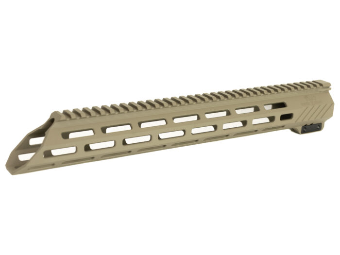 Tan colored rifle handguard with multiple slots and rail on top isolated on white background.