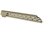 Tan rifle handguard with rail and cutouts on a white background.