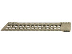 Tan handguard rail with ventilation slots for a firearm isolated on white background.