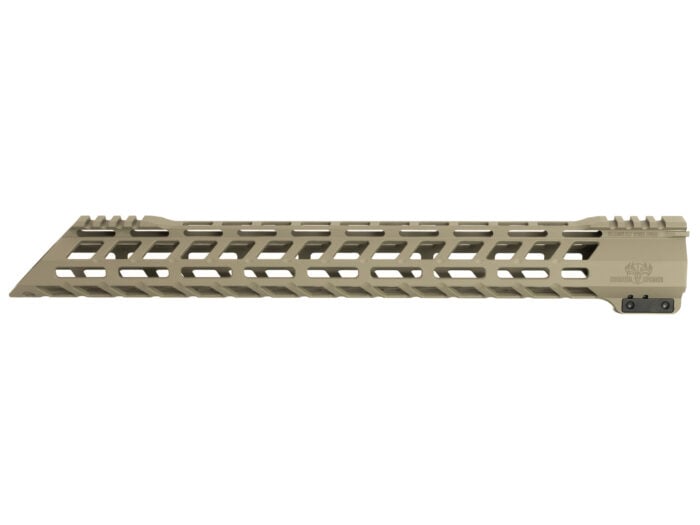 Tan handguard rail with ventilation slots for a firearm isolated on white background.