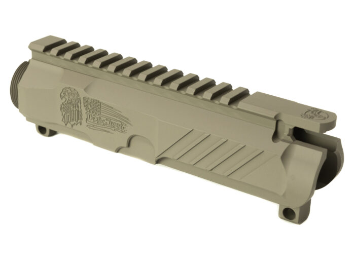 Tan AR-15 upper receiver with engraved eagle and flag design on the side.