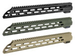 Three rifle handguards in black green and tan displayed side by side.
