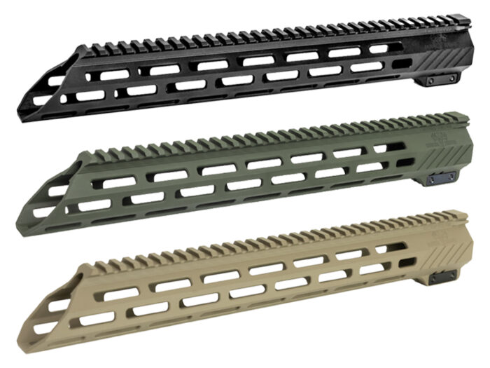 Three rifle handguards in black green and tan displayed side by side.