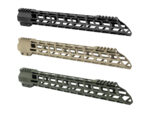 Three rifle handguards in black tan and green displayed side by side on a white background.