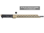 Side view of a rifle upper with tan handguard and black cerakote barrel labeled with specifications.