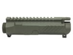 Olive green firearm upper receiver with rail and thread details.