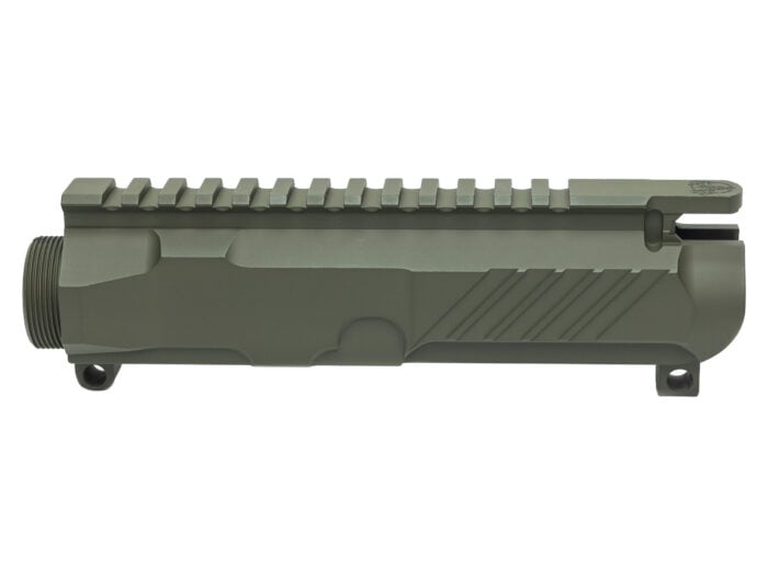 Olive green firearm upper receiver with rail and thread details.