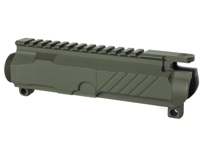 Olive green AR-15 upper receiver with Picatinny rail on white background.
