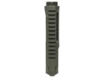 Olive green rifle handguard with Picatinny rail and threaded top.