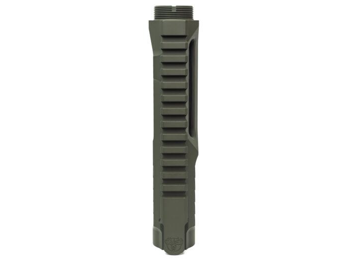 Olive green rifle handguard with Picatinny rail and threaded top.