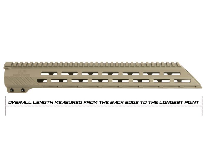 Tan rifle handguard with measuring guide and text explaining length measurement