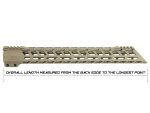 Flat dark earth handguard with vented slots showing overall length measurement instructions.