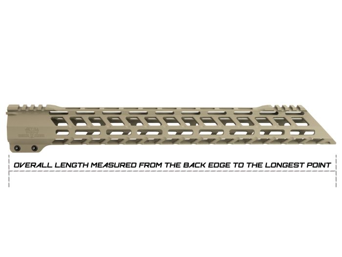 Flat dark earth handguard with vented slots showing overall length measurement instructions.