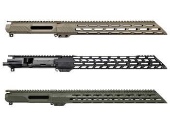 Three AR-style rifle upper receivers in different colors displayed horizontally on a white background.