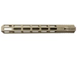 Flat dark earth rifle handguard with multiple slots viewed from the side on a white background.