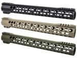 Three rifle handguards in black tan and green colors displayed on a white background.
