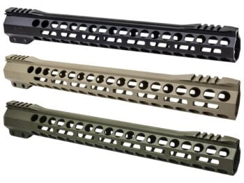 Three rifle handguards in black tan and green colors displayed on a white background.