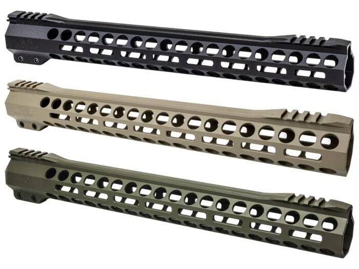 Three rifle handguards in black tan and green colors displayed on a white background.