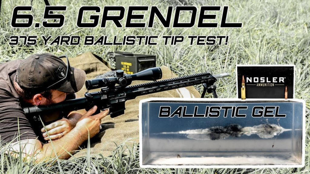 Shooter testing 6.5 Grendel rifle with Nosler ammo and ballistic gel on shooting range.