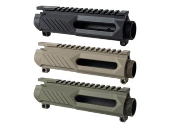Three AR-15 upper receivers in black tan and green displayed on a white background.