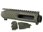 Olive green rifle upper receiver with engraved eagle and American flag emblems.