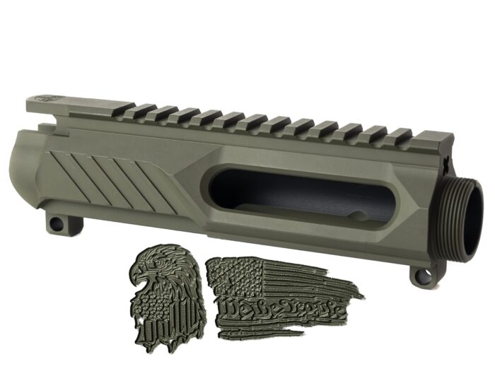 Olive green rifle upper receiver with engraved eagle and American flag emblems.