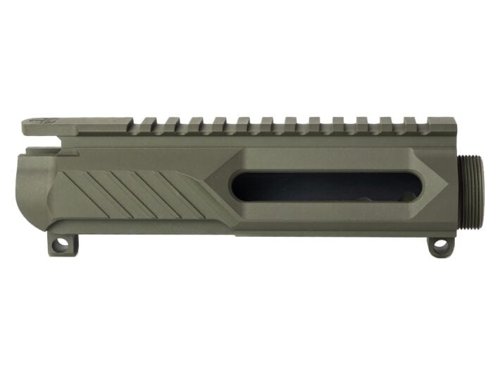 Olive drab AR-15 upper receiver with Picatinny rail isolated on white background.