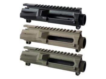 Three AR-15 upper receivers in black tan and olive colors displayed on a white background.