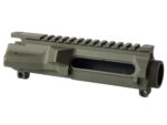 Olive green AR-15 upper receiver with picatinny rail on a white background