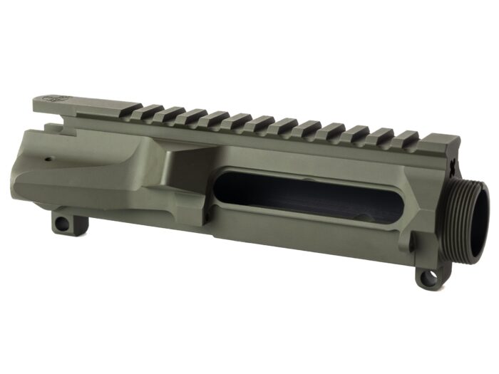 Olive green AR-15 upper receiver with picatinny rail on a white background