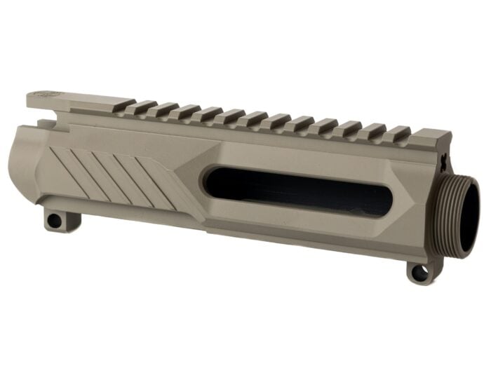 Flat dark earth AR-15 upper receiver with side window and Picatinny rail.