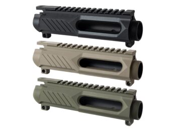 Three AR-15 upper receivers in black tan and green colors shown side by side.