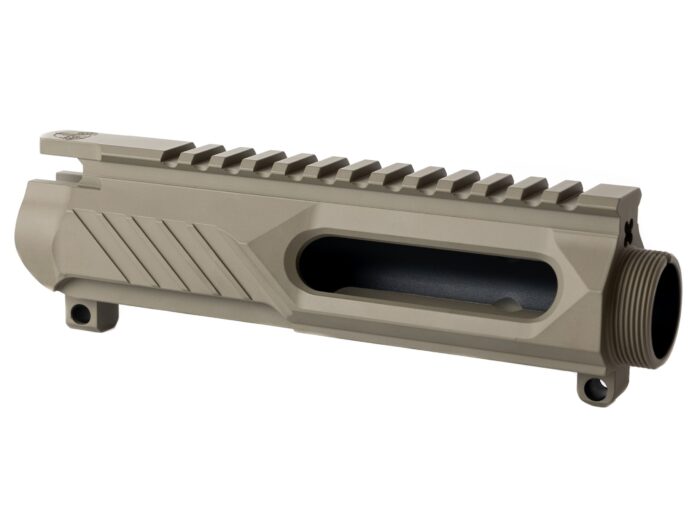 Tan AR-15 rifle upper receiver with angled grooves and Picatinny rail.