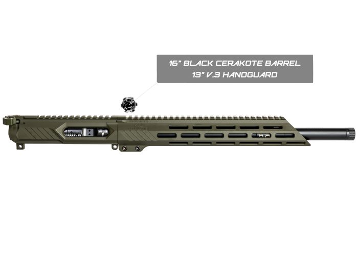 Olive green rifle upper with black barrel and labeled specifications.