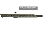 Olive green rifle upper with black barrel and labeled specifications.