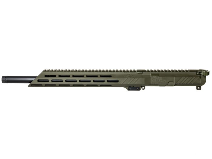 Olive drab rifle upper receiver and barrel assembly on white background.
