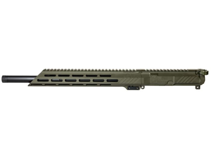 Olive drab rifle upper receiver and barrel assembly on white background.