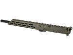 Olive green rifle upper receiver with rail and barrel on white background