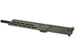 Olive green rifle upper receiver with rail and barrel on white background