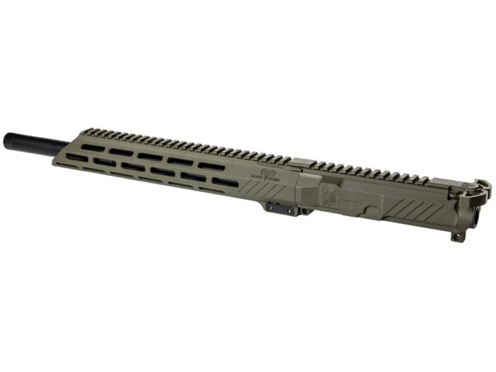 Olive green rifle upper receiver with rail and barrel on white background