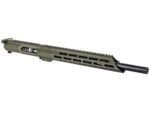 Olive green rifle upper receiver with long handguard and black barrel on white background.