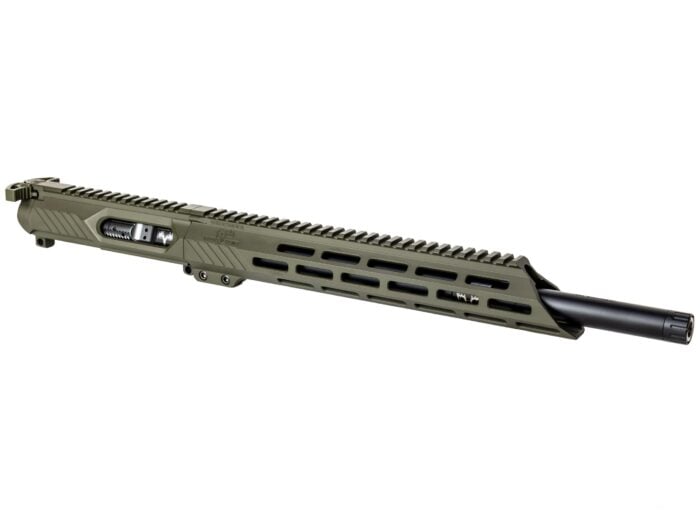 Olive green rifle upper receiver with long handguard and black barrel on white background.